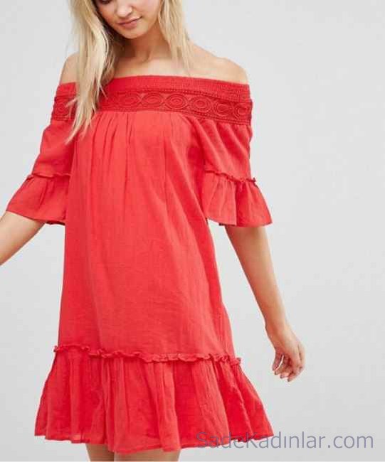 2021 Yazlık Kısa Elbise Modelleri Kırmızı Omzu Açık Elbise