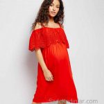 2021 Hamile Elbiseleri Kırmızı Askılı Düşük kollu Dantelli