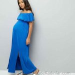 2021 Hamile Elbiseleri Mavi Omzu Açık Kısa Kollu Yandan Yırtmaçlı