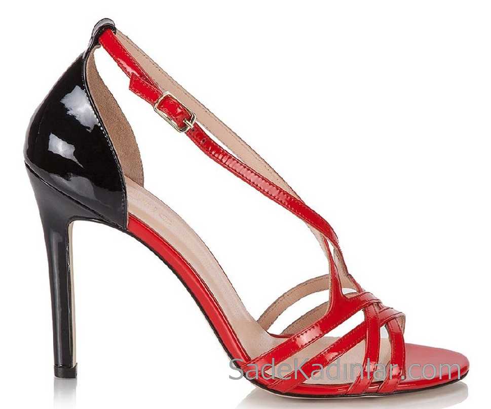 Hotiç Ayakkabı Modelleri Kırmızı Siyah Topuklu Çapraz Bantlı