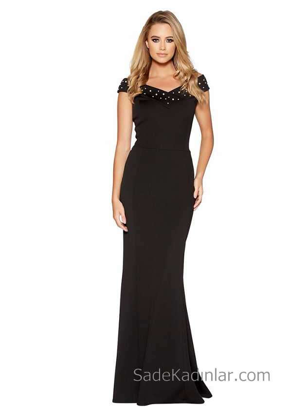 Siyah Gece Elbisesi - Düşük Omuz İnci Detaylı Uzun Abiye Elbise Modelleri