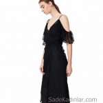Siyah Gece Elbisesi - Mango - Omzu Açık Dantel İşlemeli Elbise