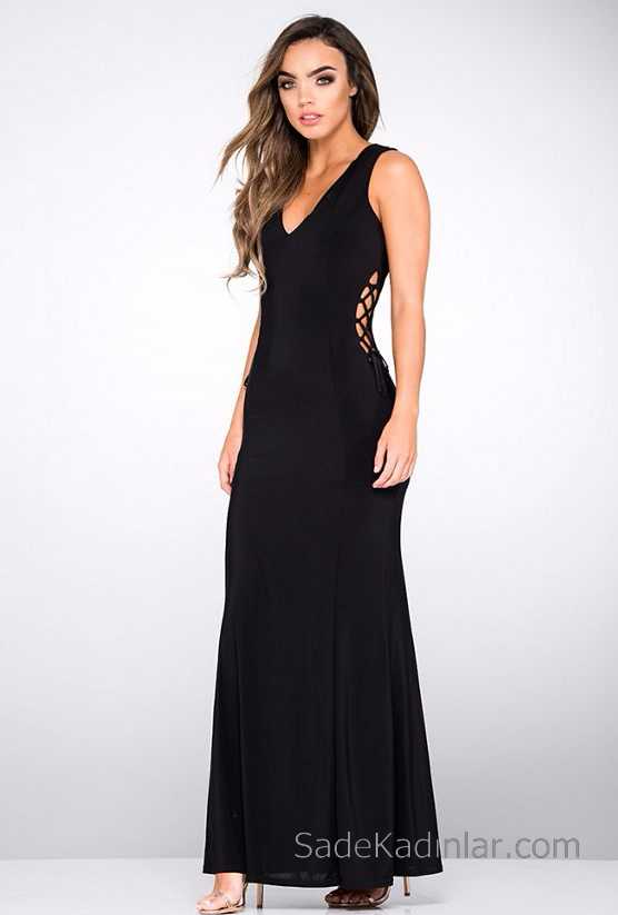 Siyah Elbise - V Yaka Bel Dekolteli Uzun Abiye Modelleri