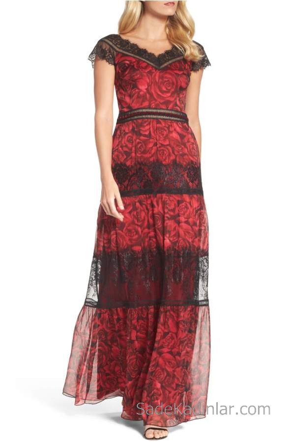 2021 Şifon Elbise Modelleri Kırmızı Uzun V Yakalı Güpür dantelli