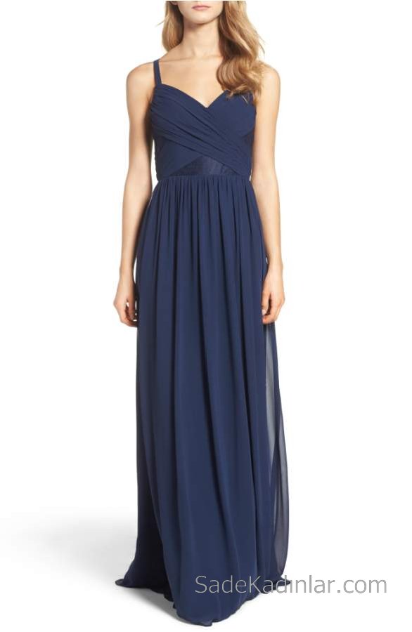 2021 Şifon Elbise Modelleri Lacivert Uzun Askılı Çapraz Kumaşlı