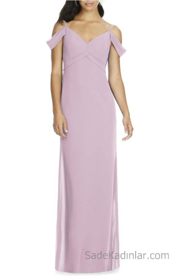 2021 Şifon Elbise Modelleri Lila Uzun Askılı Düşük Kol V Yaka