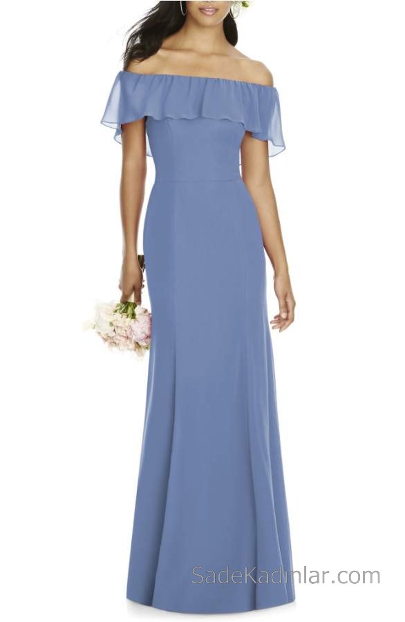 2021 Şifon Elbise Modelleri Mavi Uzun Straplez Fırfırlı Yaka