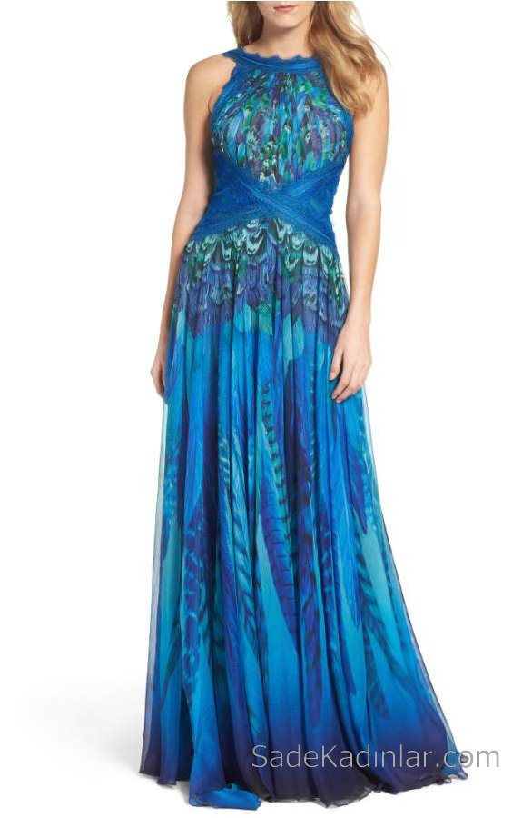 2021 Şifon Elbise Modelleri Mavi Uzun Yuvarlak Yaka Desenli