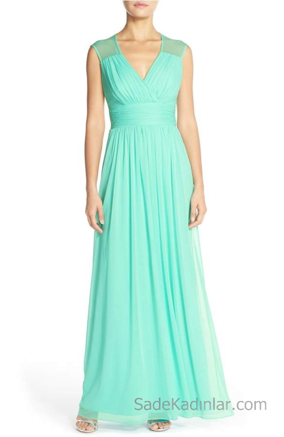 2021 Şifon Abiye Elbise Modelleri Yeşil Uzun v Yakalı Kolsuz