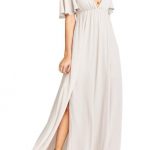 2021 Şifon Elbise Modelleri krem Uzun V Yakalı Fırfır Kollu Yırtmaçlı
