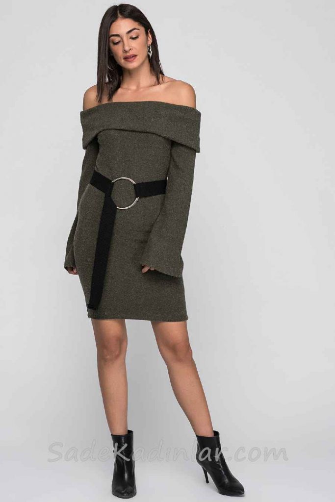 Kışlık Elbise Modelleri Haki Kısa Straplez Katlamalı Yaka Kemerli