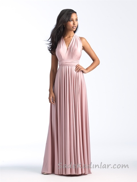Uzun Abiye Elbise Modelleri Düğünlerin Vazgeçilmez Kıyafetleri Pembe Uzun Katmanlı Yaka Pileli Etekli