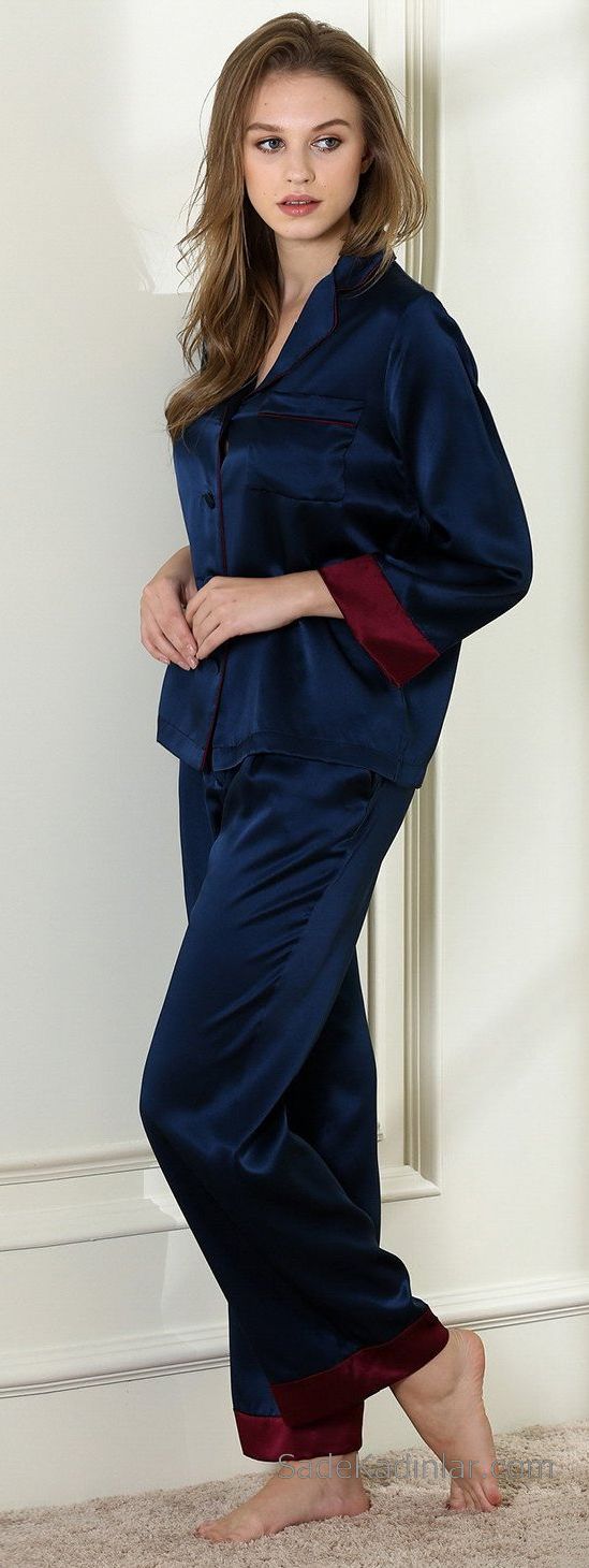 Saten Pijama Takımları Lacivert Uzun Kollu Yakalı Kol ve Ayak Kısmı Bordo Detaylı