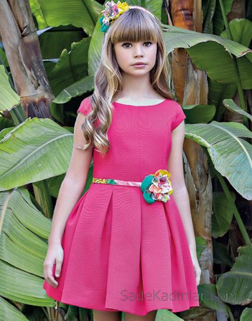 10 Yaş 2020 Kız Çocuk Abiye Elbise Modelleri Fuşya Kısa Kollu Kalın Pileli Etek Yeşil Kumaş Kemerli