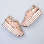 Topuklu Spor Ayakkabı Modelleri Pudra İp Bağcıklı Gold Şeritli