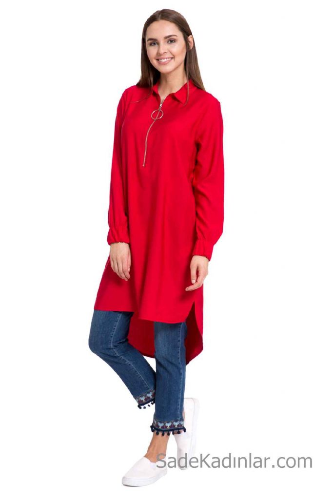 Tunik Gömlek Modelleri Kırmızı Uzun Kollu Önden Fermuarlı Ön Kısa Arka Uzun