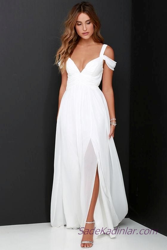 Beyaz Şifon Elbise Modelleri Uzun Askılı Düşük Kol V Yakalı Yırtmaçlı