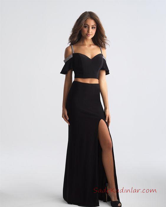 2019 Abiye Elbise Modelleri Siyah Uzun Askılı Düşük Kol Yırtmaçlı Göbek Açık Detaylı