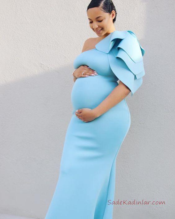 2019 Baby Shower Elbise Modelleri Mavi Uzun Tek Omzu Açık Tek Omuz Kumaş Yaprak Detaylı