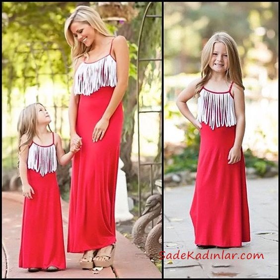 Anne Kız Elbise Modelleri Kırmızı Uzun İp Askılı Püsküllü Yaka