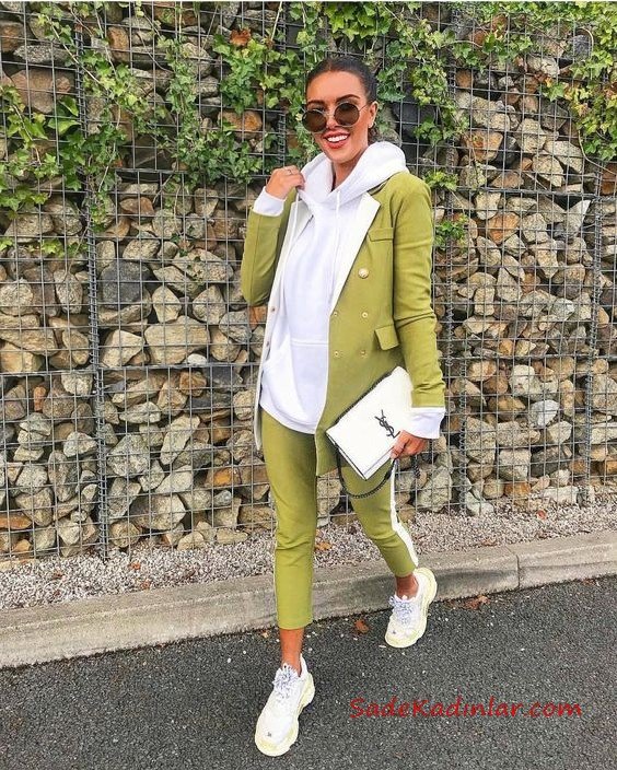 2019 Bayan Ceket Pantolon Kombinleri Yeşil Pantolon ve Ceket Beyaz Kapşonlu Sweet