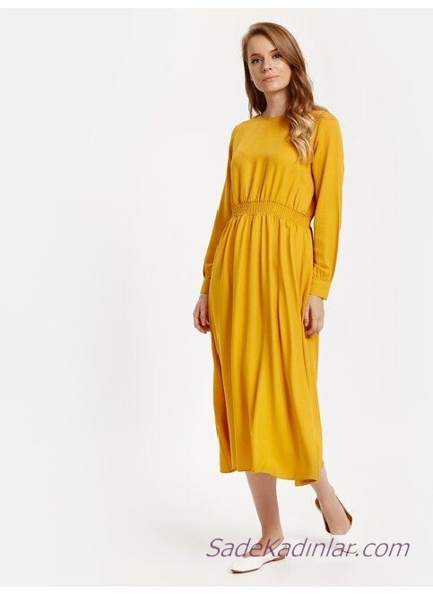 2019 Uzun Kollu Elbise Modelleri Sarı Yuvarlak Yaka Bel Kısmı Büzgülü Lastik Detaylı