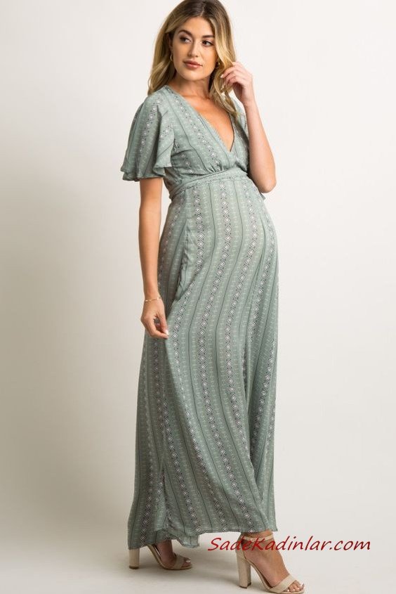 2021 Hamile Elbise Modelleri Yeşil Uzun Kısa Kol V Yaka Desenli