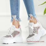 2020 Gelin Spor Ayakkabı Modelleri Beyaz Platform Topuklu Taşlı Sneakers