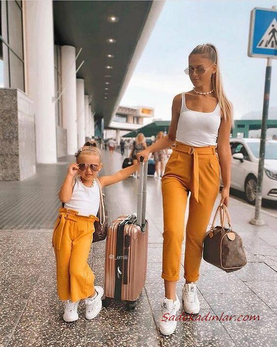2020 Anne Kız Kombinleri Sarı Pantolon Beyaz Askılı Bluz Spor Ayakkabı