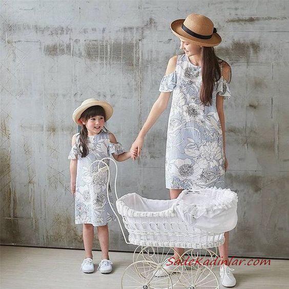 2020 Anne Kız Elbise ve Kıyafet Kombinleri Gri Dizboyu Kısa Kollu Çiçek Desenli Elbise