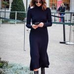 2022 Bayan Örgü Elbise Modelleri Lacivert Uzun Boğazlı Kloş Etekli
