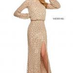 2020 Sherri Hill Abiye Modelleri Krem Uzun Kayık Yakalı Uzun Kollu Derin Yırtmaçlı Taşlı