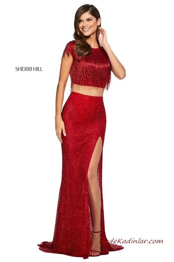 2020 Sherri Hill Kırmızı Abiye Elbise Modelleri Kırmızı Uzun İki Parça Derin Yırtmaçlı Püsküllü