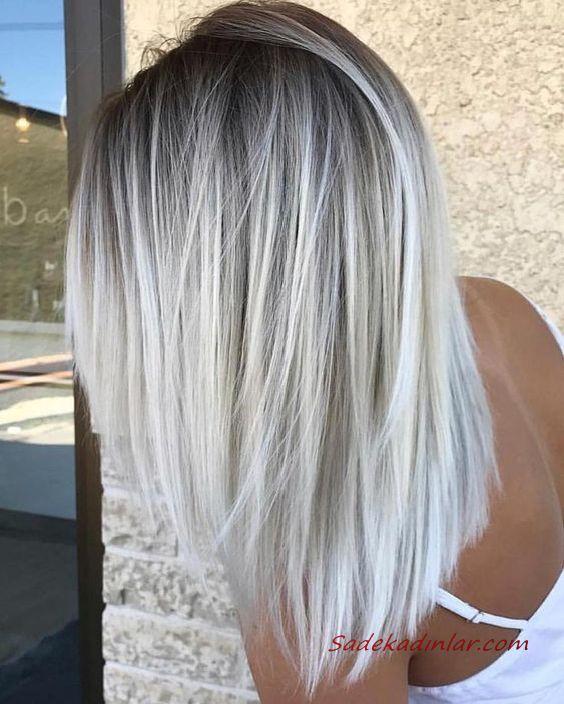 2020 En Trend Saç Renkleri ve Saç Modelleri Koyu Gümüş Kök Sarışın Balyajlı Düz Saç Modeli